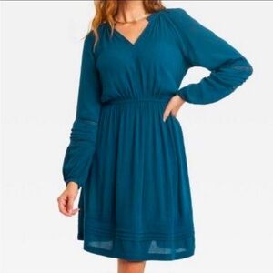 Knox Rose Dark Teal Blue Long Sleeve Lace Knee Length Dress Size Medium